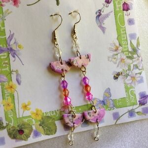Handmade pink and purple clay beaded earrings